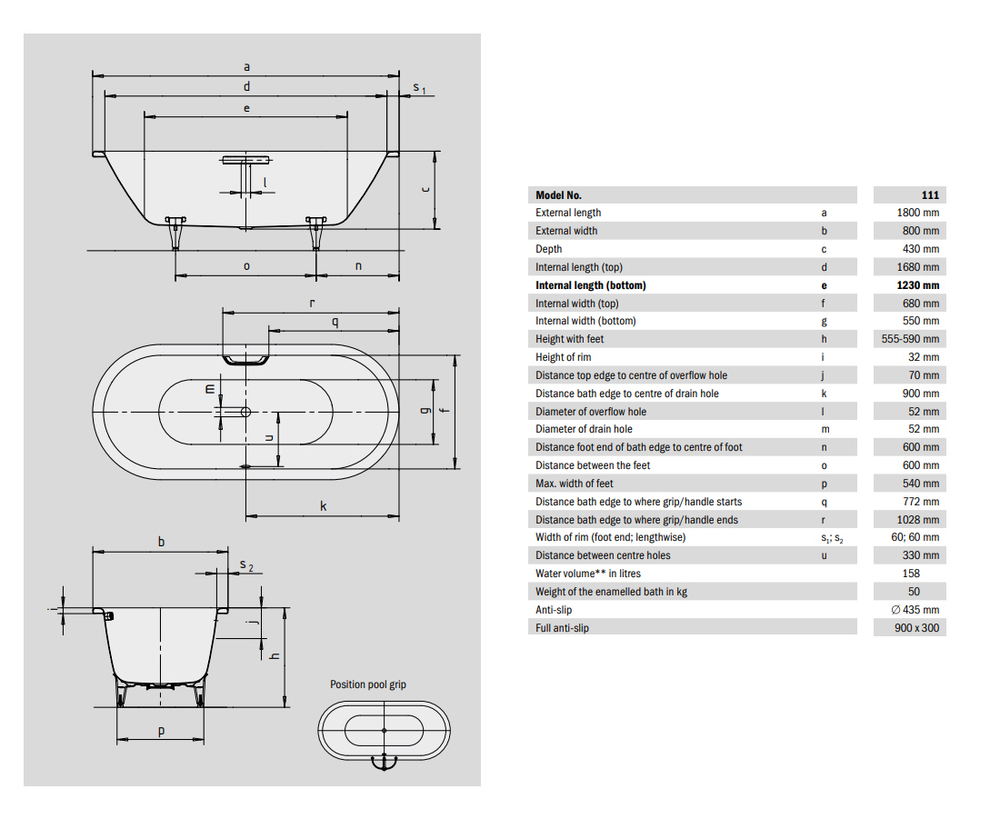 Стальная ванна Kaldewei CLASSIC DUO Mod.111, размер 1800*800*430, EasyClean, alpine white, без ножек