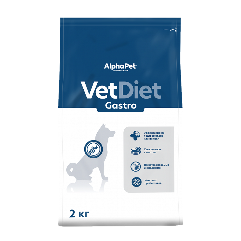 Сухой диетический корм AlphaPet VetDiet GASTRO для взрослых собак при острых расстройствах пищеварения, в реабилитационный период и при истощении