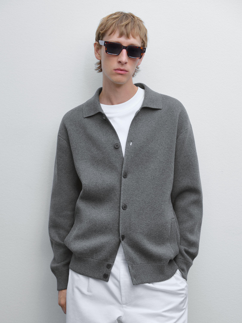 Massimo Dutti Вязаный кардиган из хлопка на пуговицах, серый