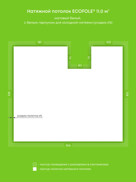 Матовый натяжной потолок 11 м2