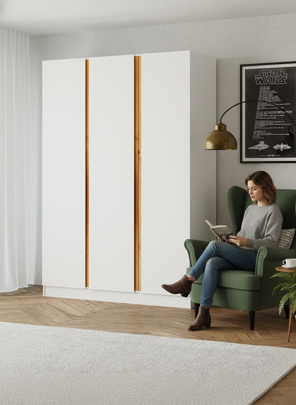 Шкаф для одежды 120х45х215, Мираж, распашной, трехдверный, с дубовыми ручками, белый, Dipriz