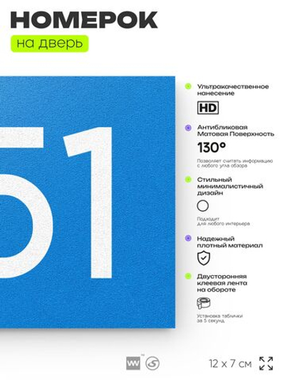 Номер на дверь 951, табличка на дверь для офиса, квартиры, кабинета, аудитории, склада, голубая 120х70 мм, Айдентика Технолоджи