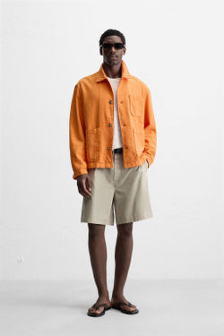 ZARA КУРТКА-РУБАШКА ИЗО ЛЬНА И ХЛОПКА, ОРАНЖЕВЫЙ