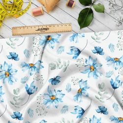 Ткань атлас голубые лёгкие цветы