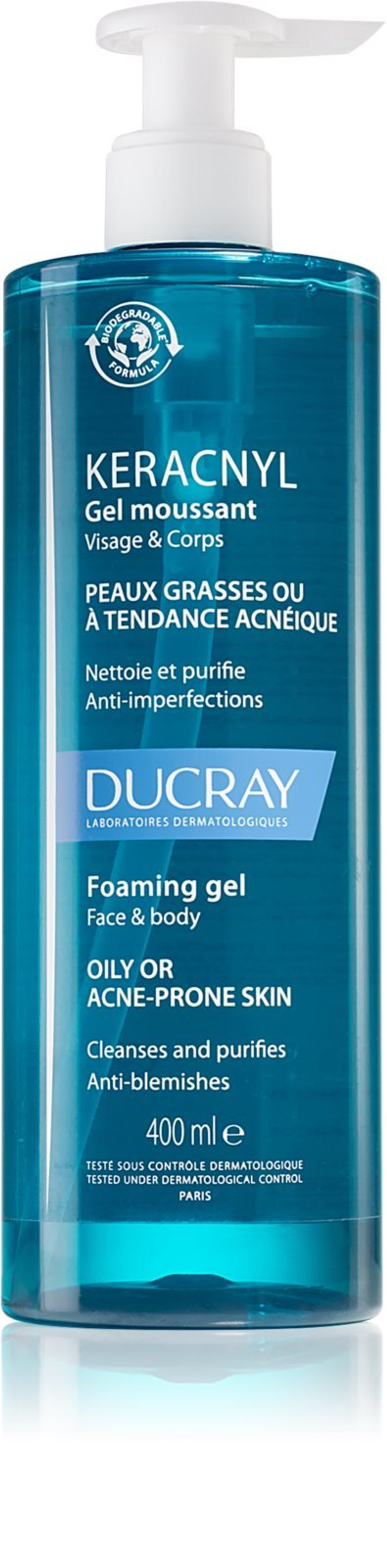 Ducray Keracnyl - пенящийся очищающий гель для жирной кожи, склонной к акне /   400  ml  / GTIN 3282770141382