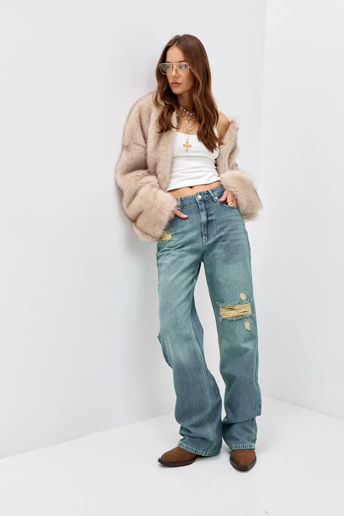 Джинсы wide leg с потертостями сине-зеленого цвета