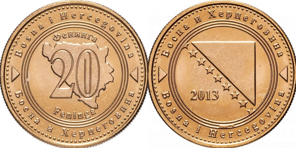 Босния и Герцеговина 20 фенингов, 1998-2021 Герб XF