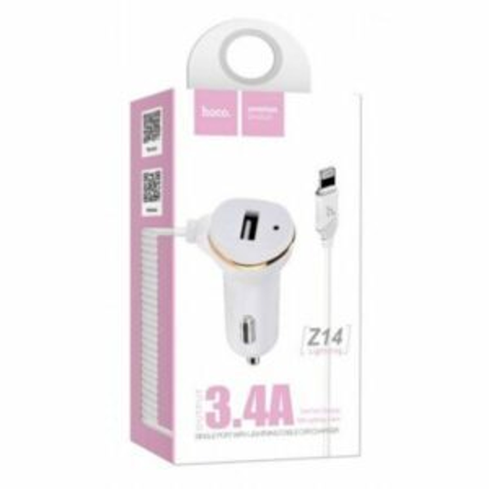 АЗУ с кабелем lightning 1USB 3.4A Hoco Z14 white