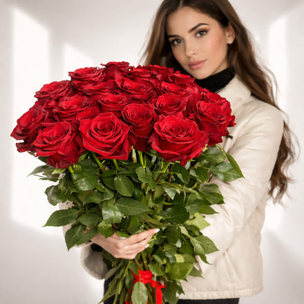 Букет из 25 красных роз сорта «Freedom» (80 см)