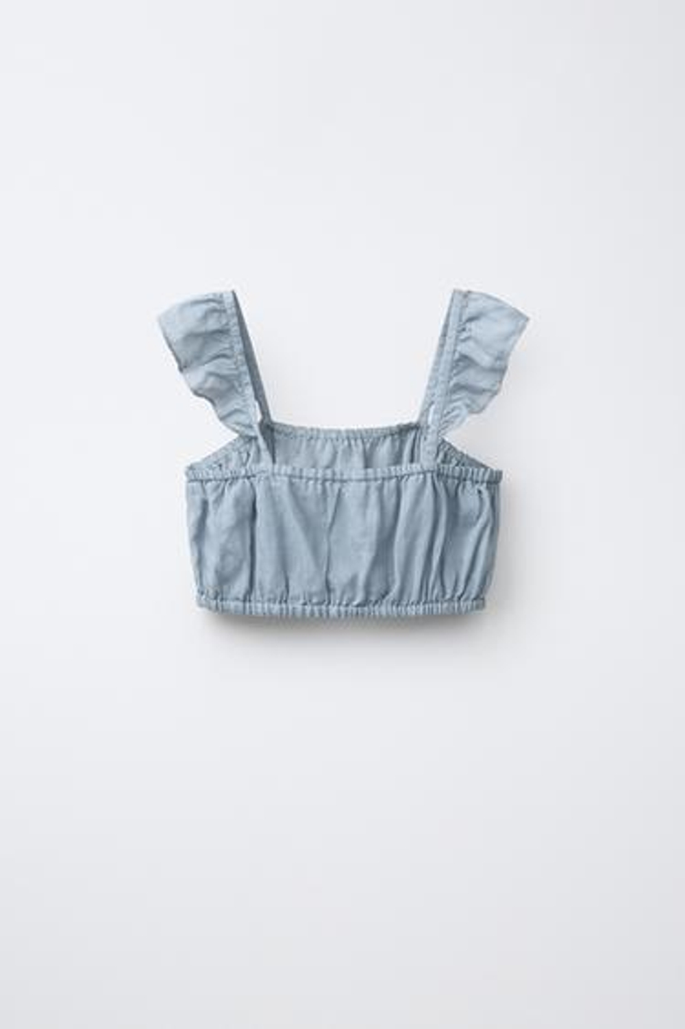 ZARA УКОРОЧЕННЫЙ ТОП ИЗ 100% РАМИ, СЕРО-СИНИЙ