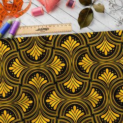 Ткань шелк Армани жёлтый греческий узор на чёрном фоне