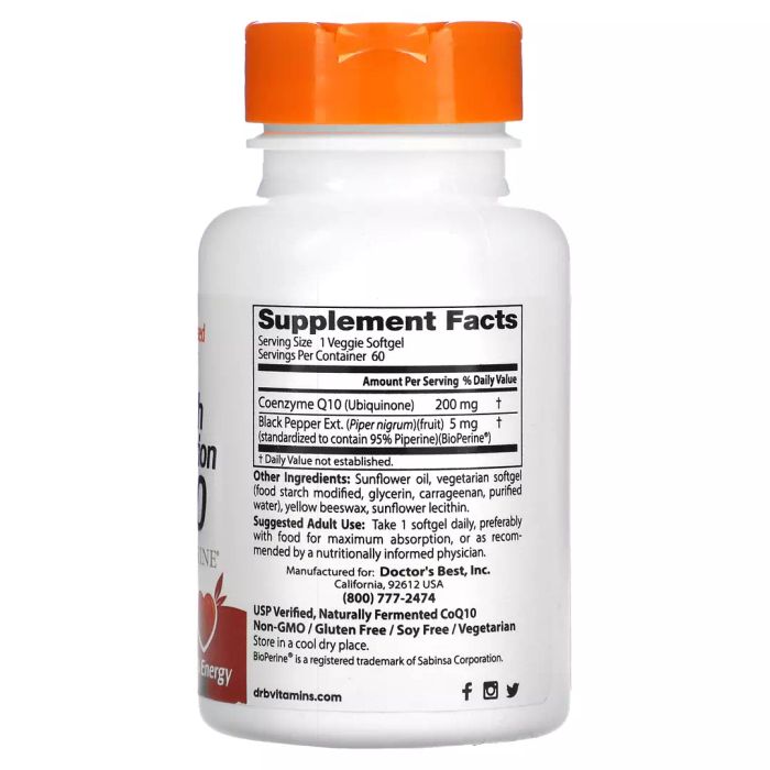 Коэнзим Q10 с высокой абсорбцией с биоперином 200 мг, High Absorption CoQ10, Doctor&#39;s Best, 60 вегетарианских капсул 2