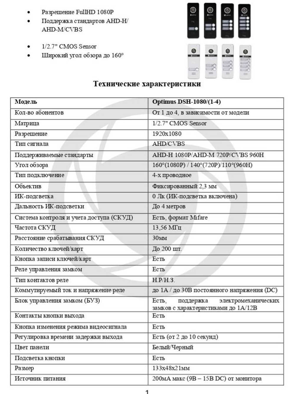 Панель видеодомофона Optimus DSH-1080/1 (Белый)
