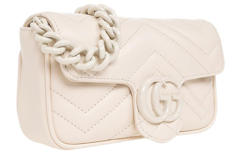 GUCCI GG Marmont V Shaped Quilted Leather Flap Bag Shoulder Bag, Fanny Pack Extra Mini Women"s White