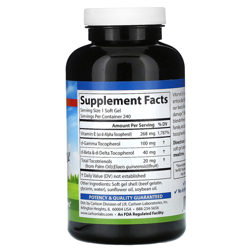 Carlson, E-Gems Elite, витамин E с токоферолами и токотриенолами, 268 мг (400 МЕ), 240 мягких таблеток