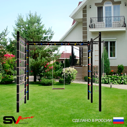 Уличная шведская стенка Sv Sport рукоход с комплектом турник прямой 2шт У5306 (Турник/Деревянные/Канат/кольца/лестница/Сетка)