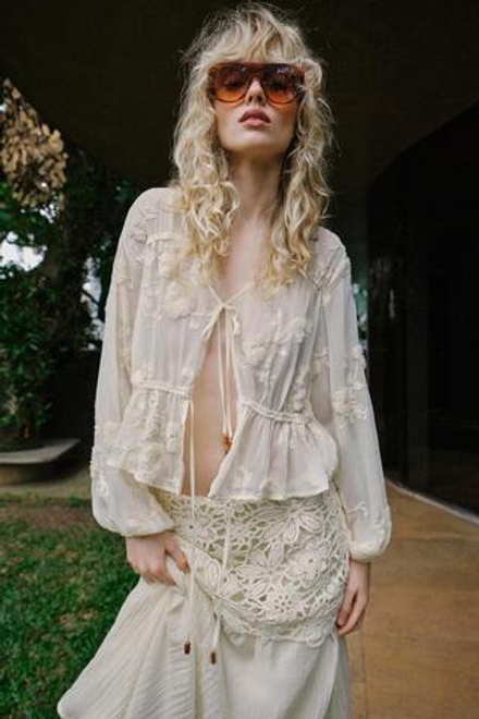 ZARA ПОЛУПРОЗРАЧНАЯ БЛУЗА С ВЫШИВКОЙ, СВЕТЛО-БЕЖЕВЫЙ