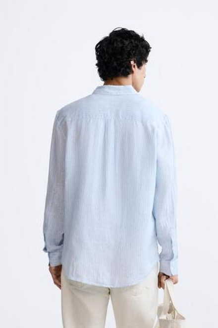 ZARA РУБАШКА ИЗ 100% ЛЬНА, СИНИЙ/БЕЛЫЙ