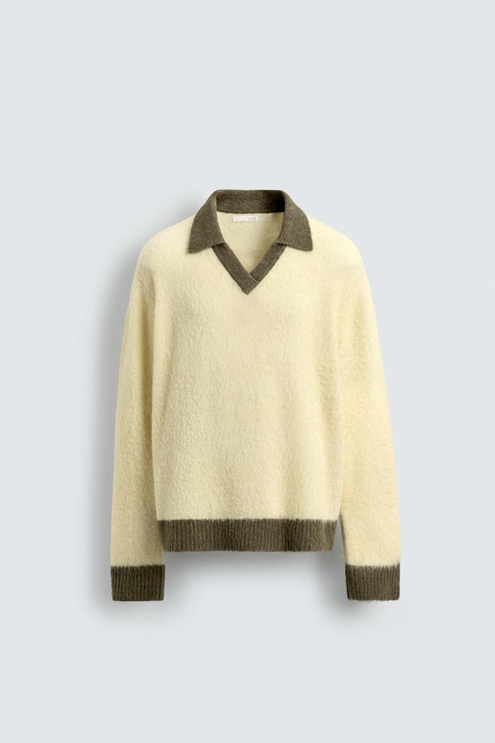 ZARA ПОЛО ИЗ ТРИКОТАЖА С КОНТРАСТНЫМИ ЭЛЕМЕНТАМИ И ШЕРСТЬЮ, ЭКРЮ