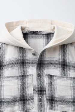 ZARA РУБАШКА В КЛЕТКУ С КАПЮШОНОМ ИЗ ФЛИСА, БЕЛЫЙ/ЧЕРНЫЙ