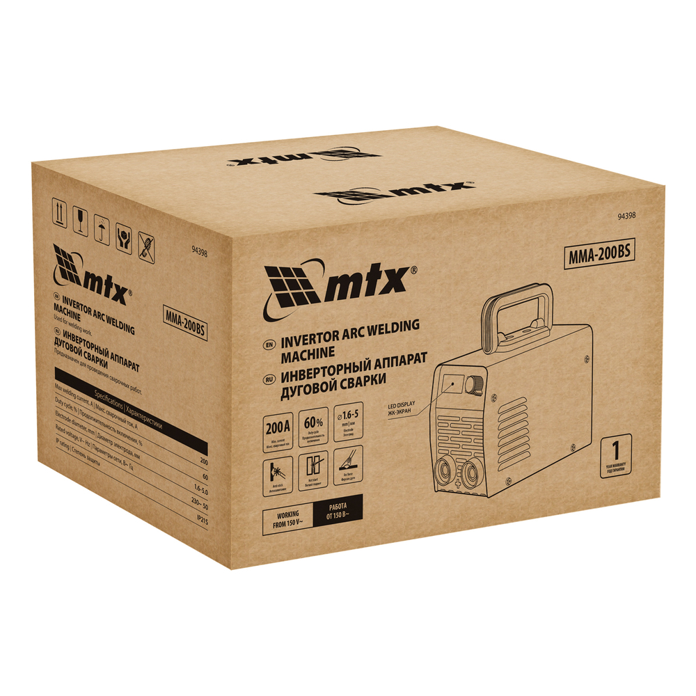 Инверторный аппарат дуговой сварки MMA-200BS, 200 А, ПВ 60% MTX
