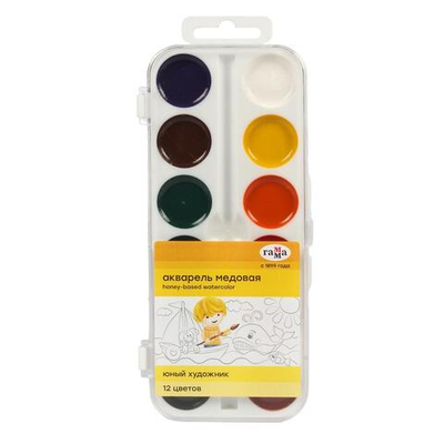 Акварель медовая "Юный художник" 12 цветов, без кисти, пластик (Гамма)