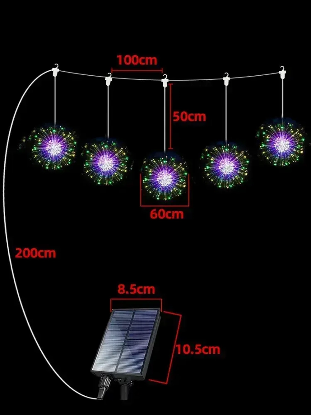 PKBFLOW Подвесных фейерверков светильник на солнечных, гирлянд с пультом, 600 ламп, цветной, 5 шт