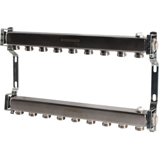 Коллектор Rommer 1"x3/4" на 9 контуров для радиаторной разводки (нерж. сталь) RMS-4401-000009