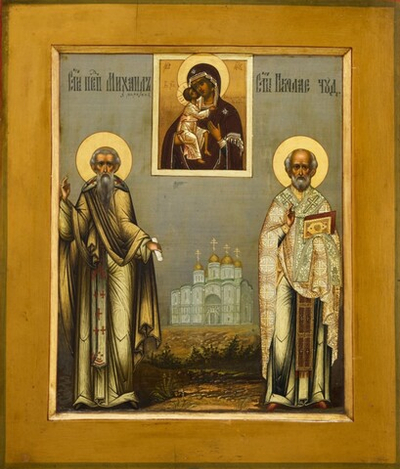 Святые Николай Чудотворец и Михаил Малеин перед Феодоровской иконой Богоматери. Деревянная икона на левкасе