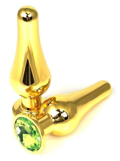 Золотистая удлиненная анальная пробка с салатовым кристаллом - 8 см. (Цвет: салатовый)