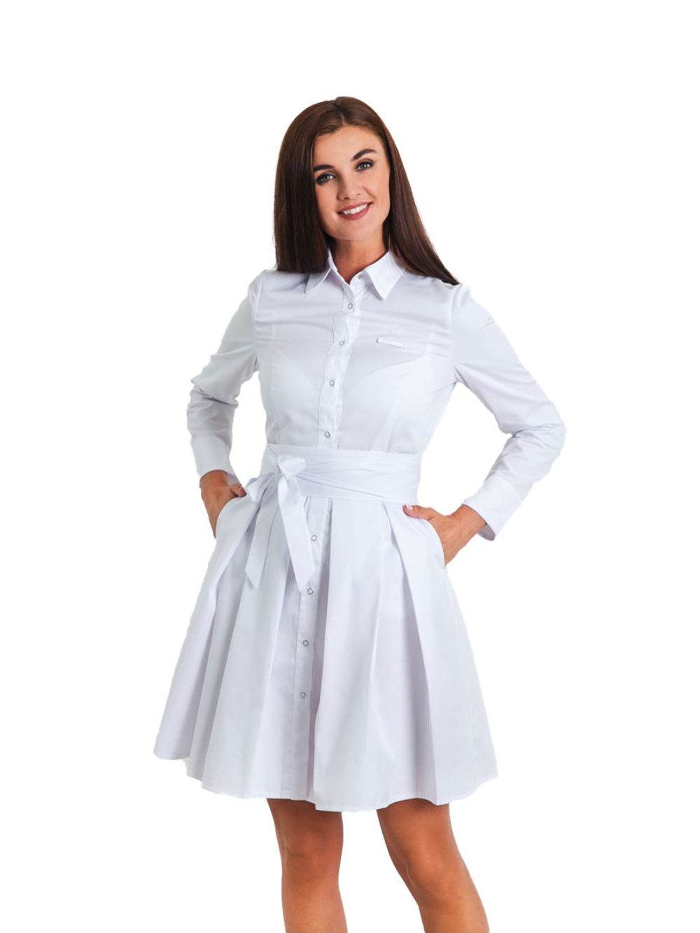Халат-платье медицинский White Wears WW230 на кнопках с расклешенной юбкой, белый, 46