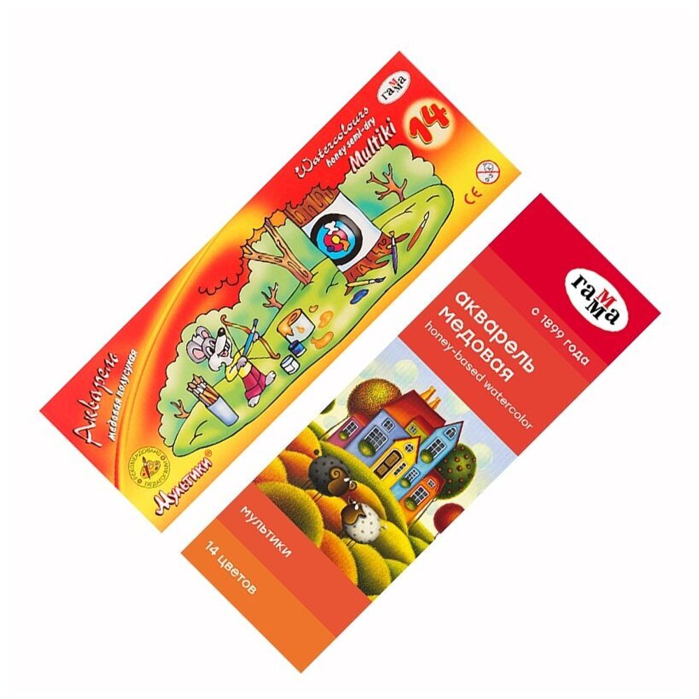 Краски акварельные ГАММА "Мультики", 14 цветов, медовые, без кисти, картонная коробка, 211050