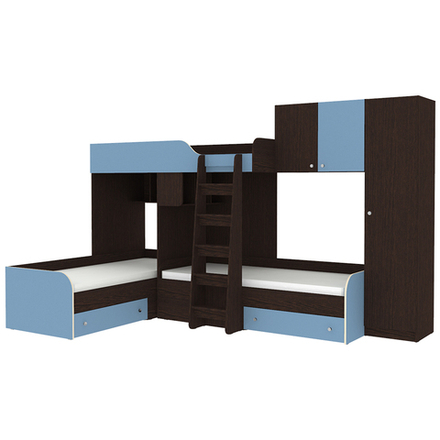 Кровать-чердак КарИВи Трио 2 Венге Светло-синий, голубой