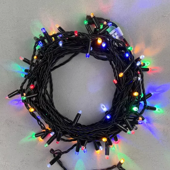 Светодиодная гирлянда с колпачком 100 разноцветных LED ламп 10 м., мерцание, 220-230 В., черный провод ПВХ, IP65, LTC (PST100BLWCAP-11-2M)