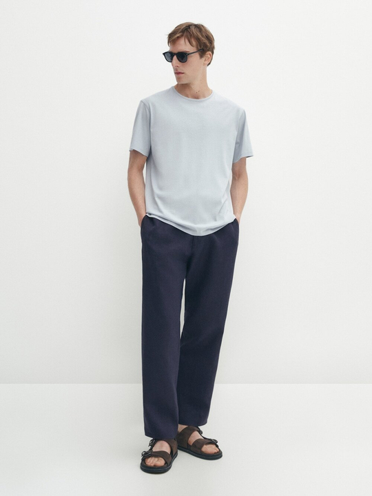 Massimo Dutti Хлопковая футболка с короткими рукавами, светло-голубой