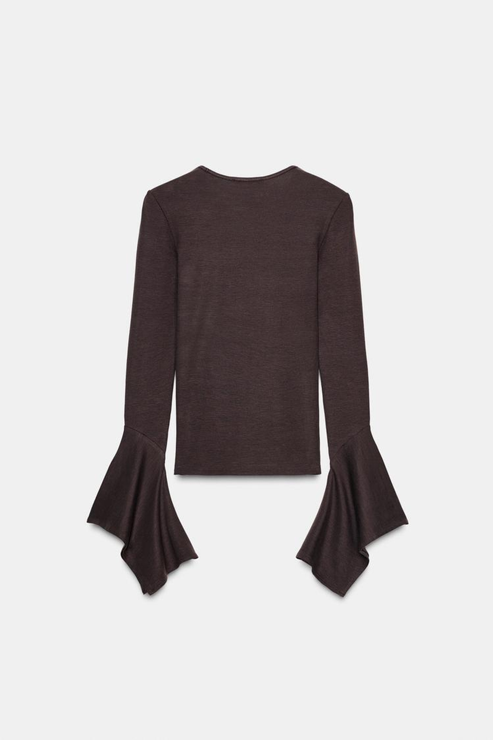 ZARA ФУТБОЛКА С ДЛИННЫМИ РУКАВАМИ И ВОЛАНОМ, ШОКОЛАДНЫЙ