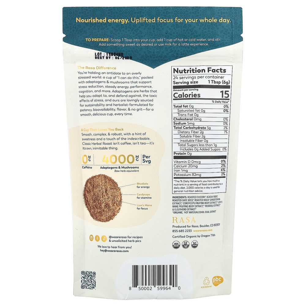 Rasa, Кофе с адаптогеном и грибами, растворимый, классическая травяная обжарка, 144 г (5 унций)