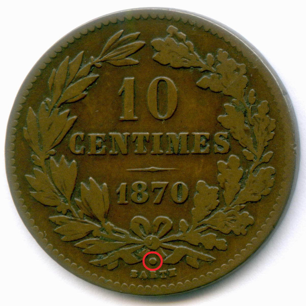 10 сантимов 1870 год. Люксембург (Виллем III). Точка над BAPTH. Бронза, диаметр 31 мм. VF