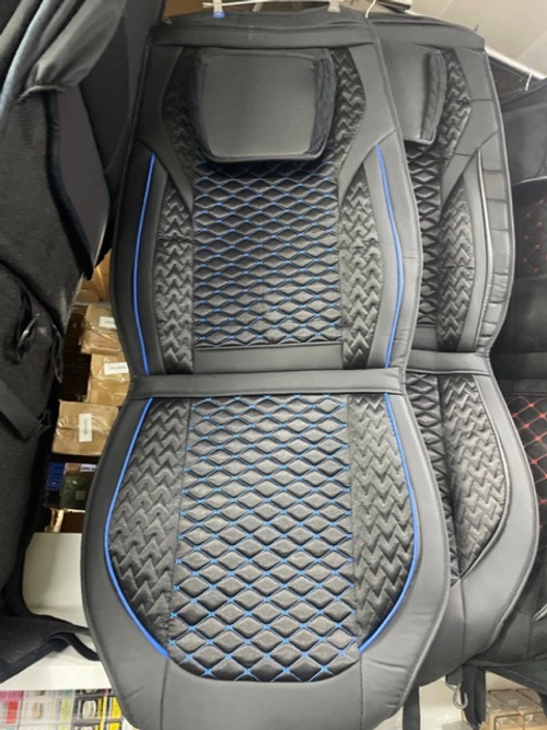 XX - 1001 Синий / Комплект чехлов на сиденья, ткань черная, строчка синяя, эко - кожа, 5 предметов, серия: покров (за комплект)