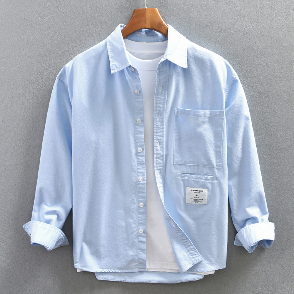 Белая хлопковая рубашка мужская с длинными рукавами и накладным карманом
