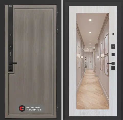 Входная дверь в квартиру Лабиринт Лаб про 1 Велютто кофе с зеркальной вставкой 18 Сандал белый