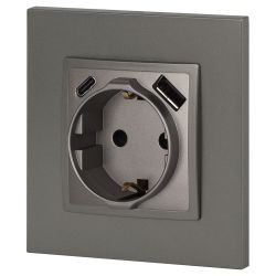 Розетка ЭРА Elegance 14-4108-16 2P+E 16A-250В со шторками с USB type-A+C 5В-3А титан
