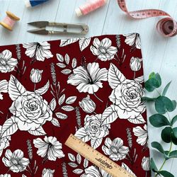 Ткань оксфорд 210 рисунок белых роз на бордовом фоне