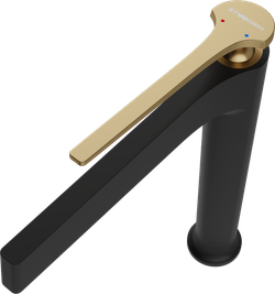 Смеситель для раковины STWORKI Аулум S06020BG матовый черный, матовое золото + донный клапан SD-001GM матовое золото