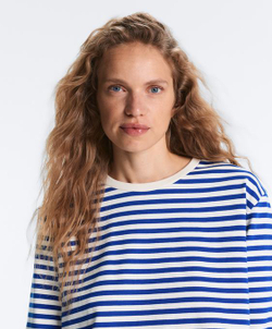 Oysho Футболка Boxy в полоску из 100%-го хлопка с длинными рукавами, синий электрик