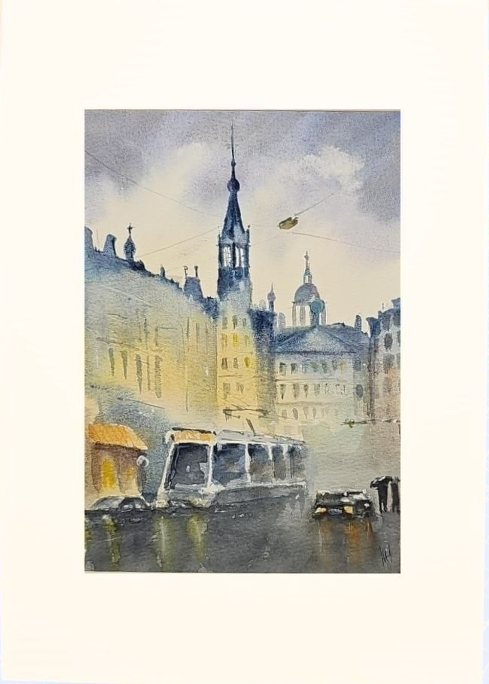 Картина авторская акварельная в паспарту 21х30 см на стену для интерьера "Дождь в Амстердаме"