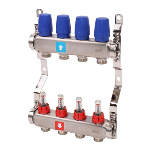 Блок коллекторный MVI из нержавеющей стали DN 25-4 выхода G 3/4, с расходомерами, без дренажного крана и воздухоотводчика, евроконус, MS.504.06