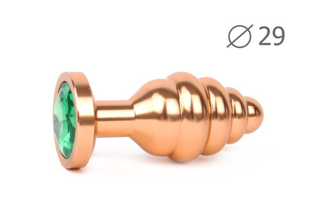 Коническая ребристая золотистая анальная втулка с зеленым кристаллом - 7,1 см. (Цвет: зеленый)