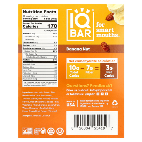 IQBAR, Растительный протеиновый батончик, банан и орех, 12 батончиков по 45 г (1,6 унции)