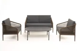 "Канны" лаунж-зона 4-местная из роупа со столом "Верона" (серый гранит), каркас алюминиевый коричневый, роуп коричневый